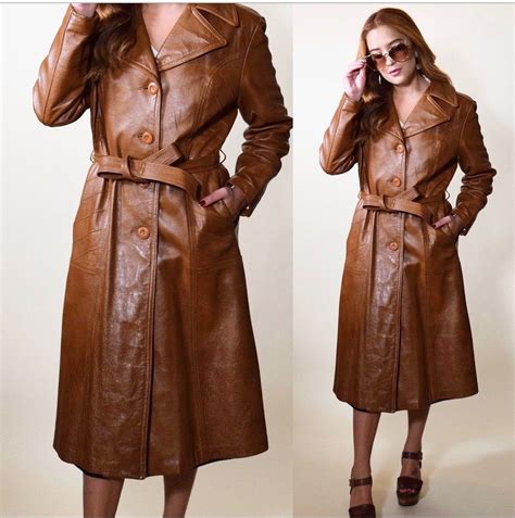 1970s Brown Leather Long Button Down Trench Coat With