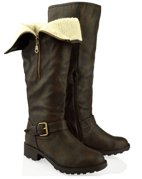 Ladies Womens Winter Fur Lined Knee High Snow Grip Sole Brown Riding