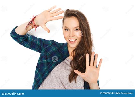 happy smiling pretty teenage girl showing hands stock photo image