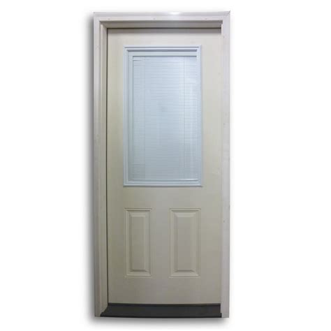 pre hung fiberglass door  enclosed mini blinds primed white home
