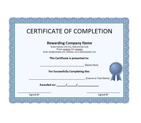 certificate  completion sample editable msword document