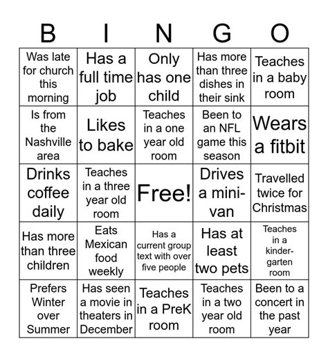 preschool teacher bingo card