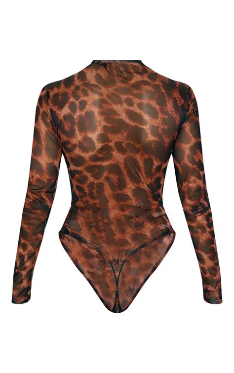 tan leopard print mesh ruched bodysuit tops prettylittlething ca