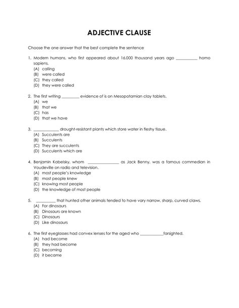 adjective clause worksheet