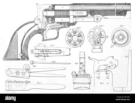 colts patent repeating pistol  cross section showing  parts stock photo royalty