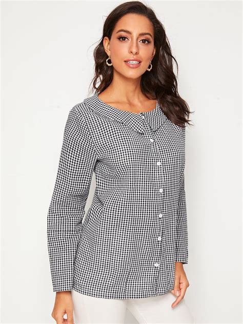 blouse  carreaux avec  claudine  boutons shein peter pan collar blouse gingham striped
