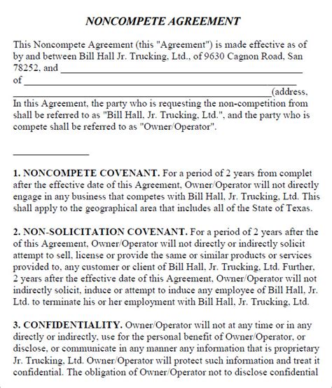 printable  compete agreement template