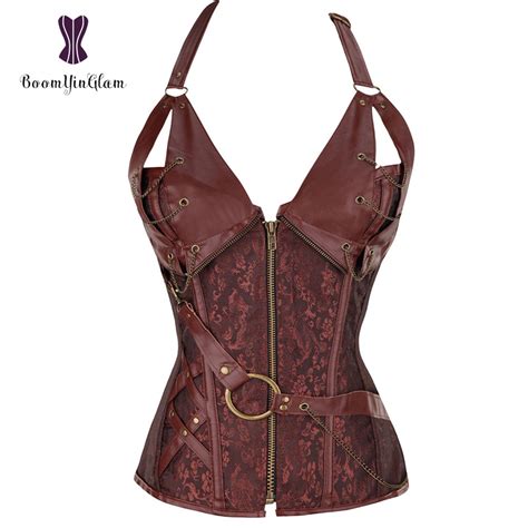 Plus Size Zip Up Sexy Shaper Spiral Steel Boned Steampunk Goth Halter