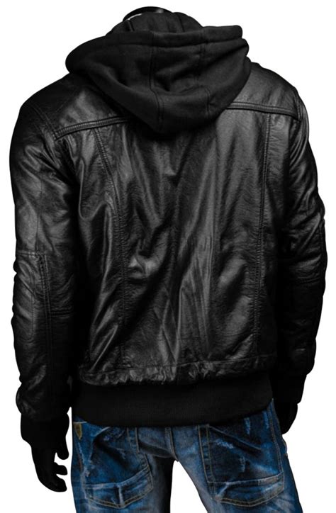 Black Leather Jacket With Hoodie Men S Slim Fit Black