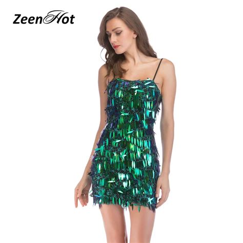 Sexy Backless Summer Party Dresses New Green Sequins Spaghetti Strap