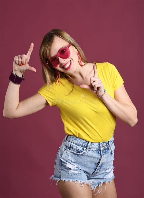 Pretty Girl In A Pink Glasses Stock Image Image Of Shorts Yellow