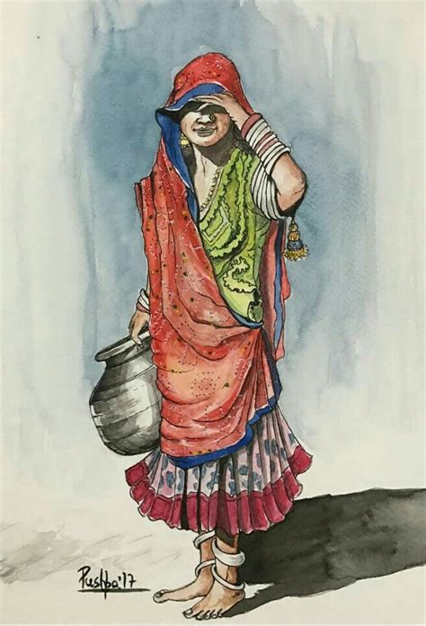 waiting indian village woman watercolor and ink pen on paper by