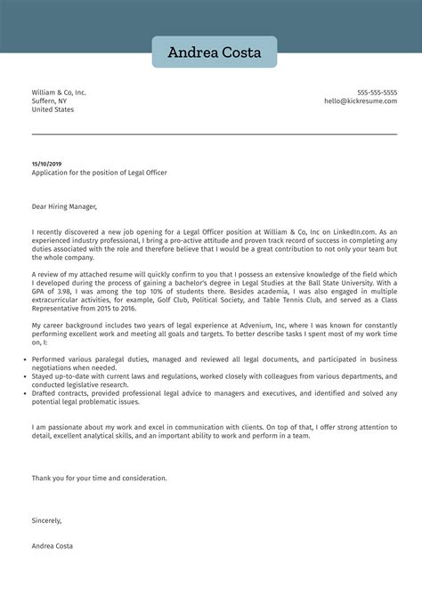 legal officer cover letter sample kickresume