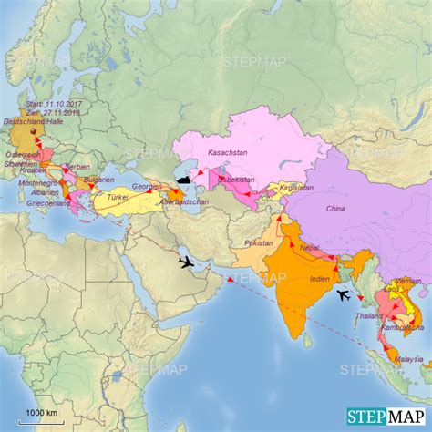 stepmap europaasien reiseroute  landkarte fuer welt