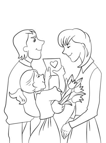 father  daughter presenting mother flowers  card  mothers day