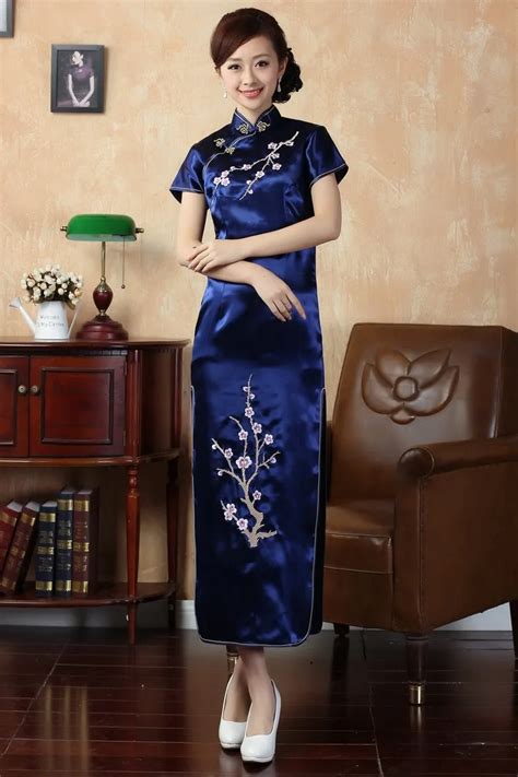 high fashion navy blue female satin qipao long cheongsam chinese