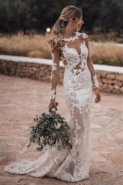 lace beach wedding dresses simple close fitting cheap long sleeve outdoor bridal