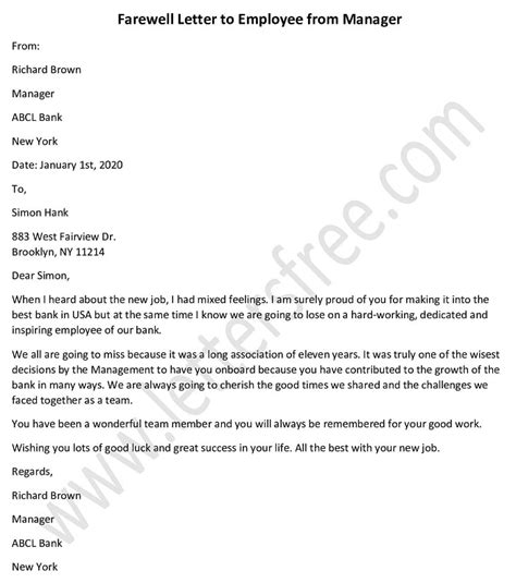 sample farewell letter  employee  manager