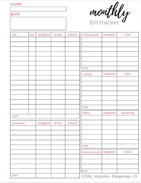 monthly bill tracker  printable  etsy