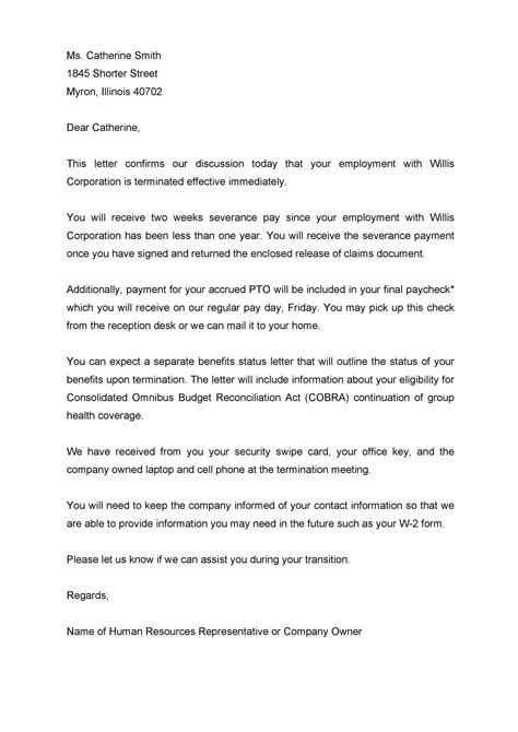 termination letter  severance pay  letter template collection