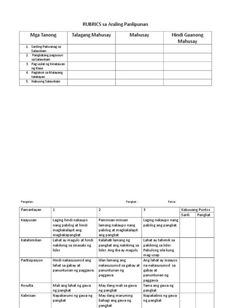 rubrics sa araling panlipunan