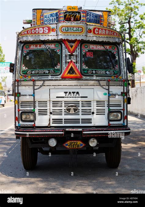 typical decorated indian truck parked  kaladunghi india stock photo