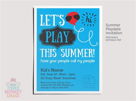printable summer playdate invite personalized photo etsy