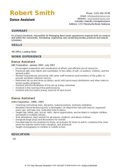 dance assistant resume samples qwikresume