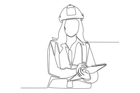 continuous   drawing female construction engineer  safety helmet happy  write report