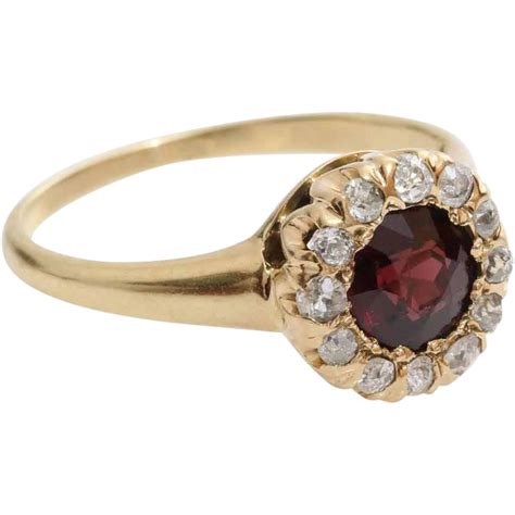 Victorian Garnet Diamond Ring 14k Yellow Gold Engagement Antique