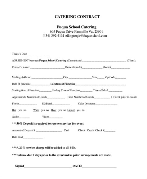 sample catering contract forms   ms word