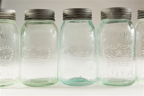 vintage crown canning mason jars  blue glass  zinc lid