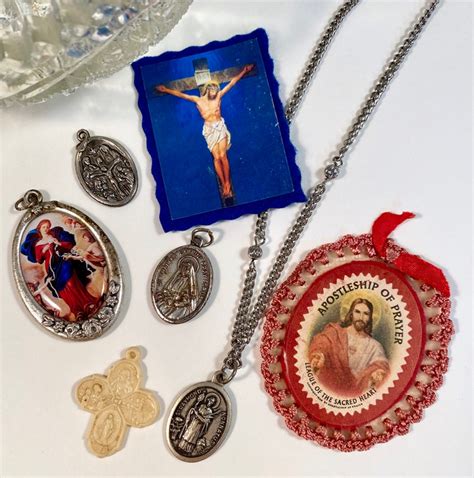 vintage catholic religious items silver tone medals mini etsy