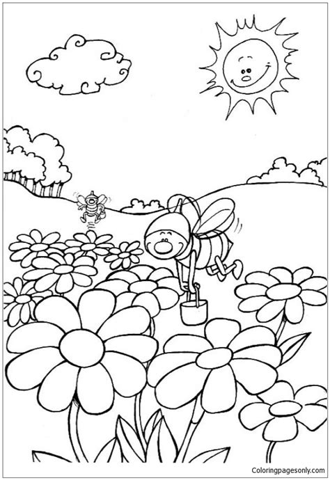 bees  flowers coloring page  printable coloring pages