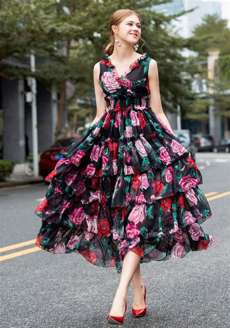 high quality  fashion  designer runway dress womens sleeveless rose print cascading