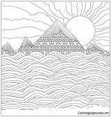 Mountains Sea Sun Coloring Landscape Pages Zentangle Doodle Sample Online Vector Illustration Background Book Color Nature sketch template