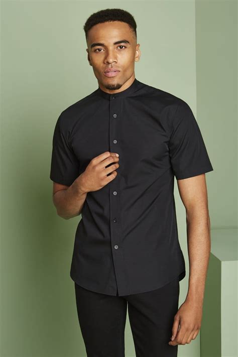 mens short sleeve banded collar shirt black shop   simon jersey uk