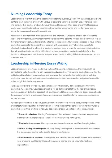 nursing leadership essay sample templates  allbusinesstemplatescom