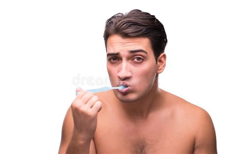 handsome man brushing  teeth isolated  white stock photo