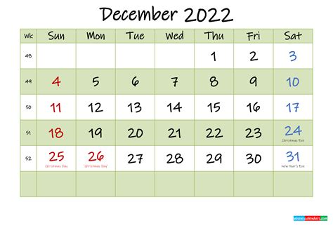 december  calendar  holidays printable template noinkm
