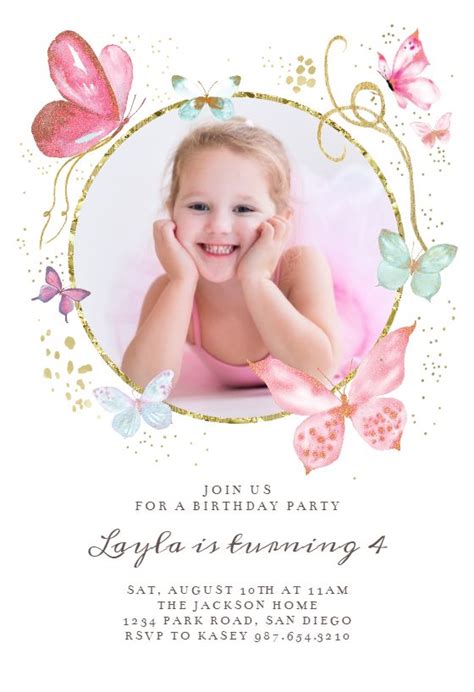 magical butterflies photo birthday invitation template greetings