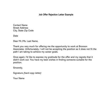 formal rejection letteremail  decline job offer