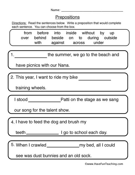 prepositions worksheets  fun teaching