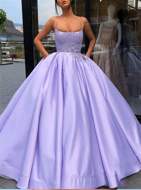 Buy Purple Ball Gown Spaghetti Straps Satin Prom Dress With Pocket