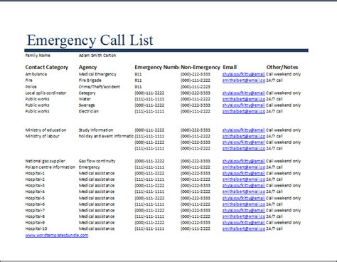 ms excel emergency call list template word excel templates
