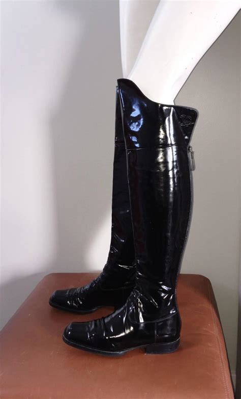 coveted chanel black patent leather   knee riding flat boots size    stdibs