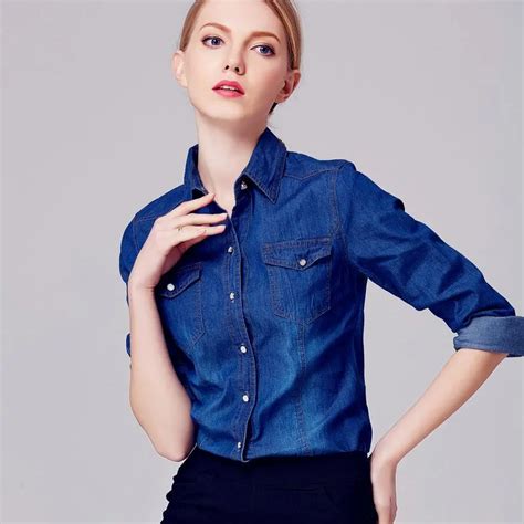 autumn denim shirt women long sleeve turn  collar blouse women jeans female blue jean shirt