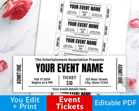 event ticket editable printable black  white  digital  shop