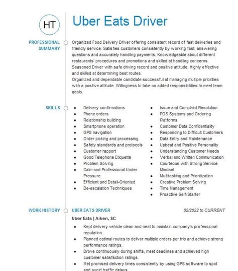 uber eats driver resume