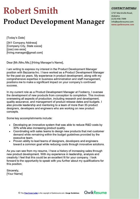 product development manager cover letter examples qwikresume